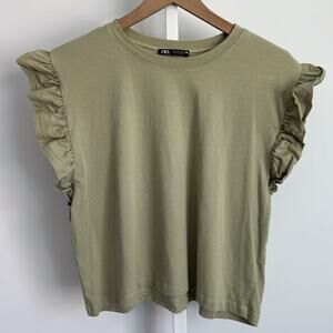 ZARA olive green flutter ruffle sleeve top large